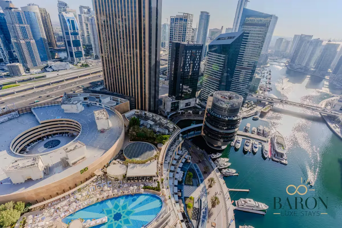Dubai Marina Mall and the surrounding towers seen from above