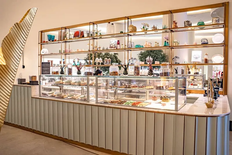 Patisserie counter with fresh lunch and pastries